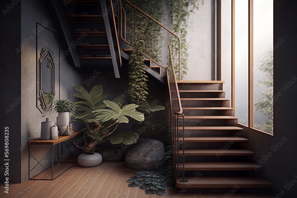 Japandi interior style stairway Stock Illustration | Adobe Stock