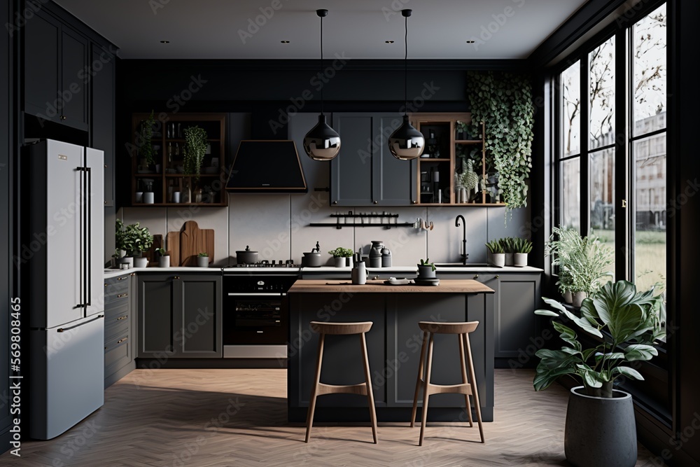 Japandi interior style kitchen with dark grey Stock