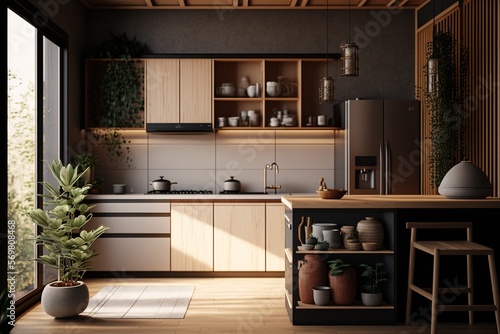 Japandi interior style kitchen with wooden cabinet