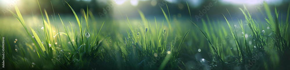 Green grass and dew drops close up. Spring field and sunshine, banner. Generative AI