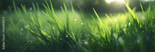 Green grass and dew drops close up. Spring field and sunshine, banner. Generative AI