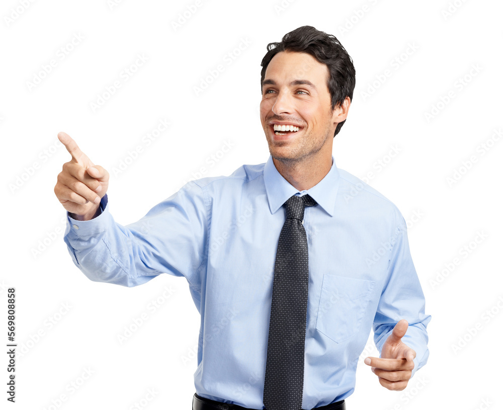 A positive young sales executive or a manager smiling and pointing at a copy space isolated on a png background. A positive young sales executive or a manager smiling and pointing at a copy space isolated on a png background.