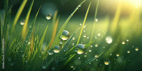 Green grass and dew drops close up. Spring field and sunshine. Generative AI