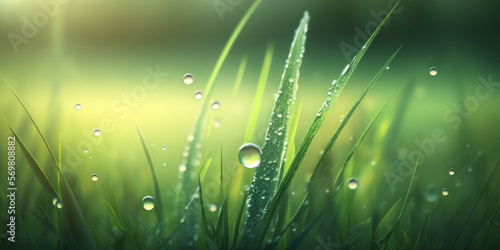 Green grass and dew drops close up. Spring field and sunshine. Generative AI
