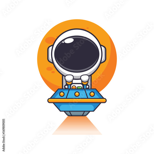 Cute astronaut mascot cartoon character fly with ufo. 