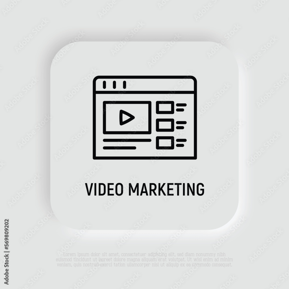 Video marketing thin line icon. Web page with button play. Promotion, advertising in video. Vector illustration. Video marketing thin line icon. Web page with button play. Promotion, advertising in video. Vector illustration.