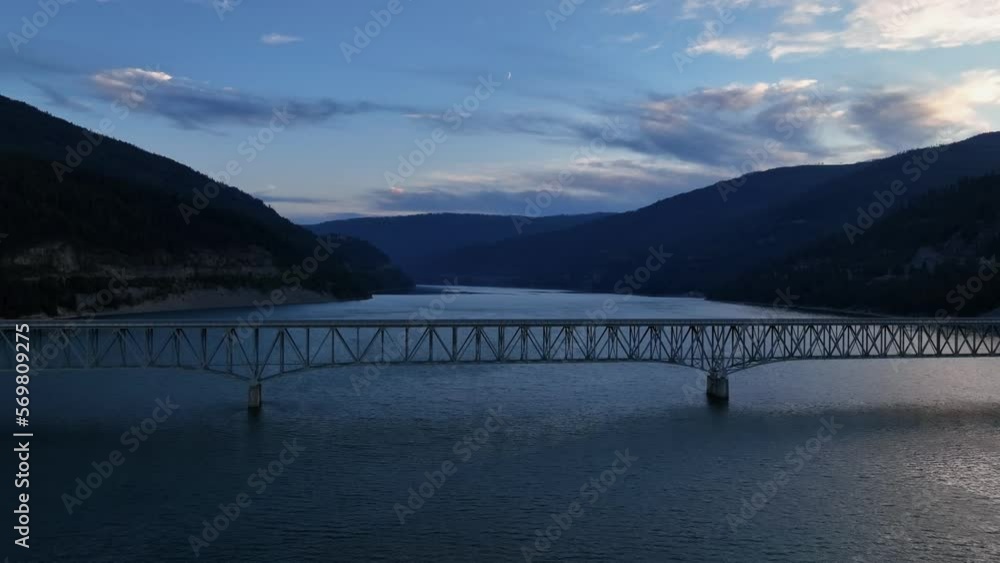 Lake Koocanusa With Bridge At Dusk, Montana, USA - aerial drone shot Lake Koocanusa With Bridge At Dusk, Montana, USA - aerial drone shot