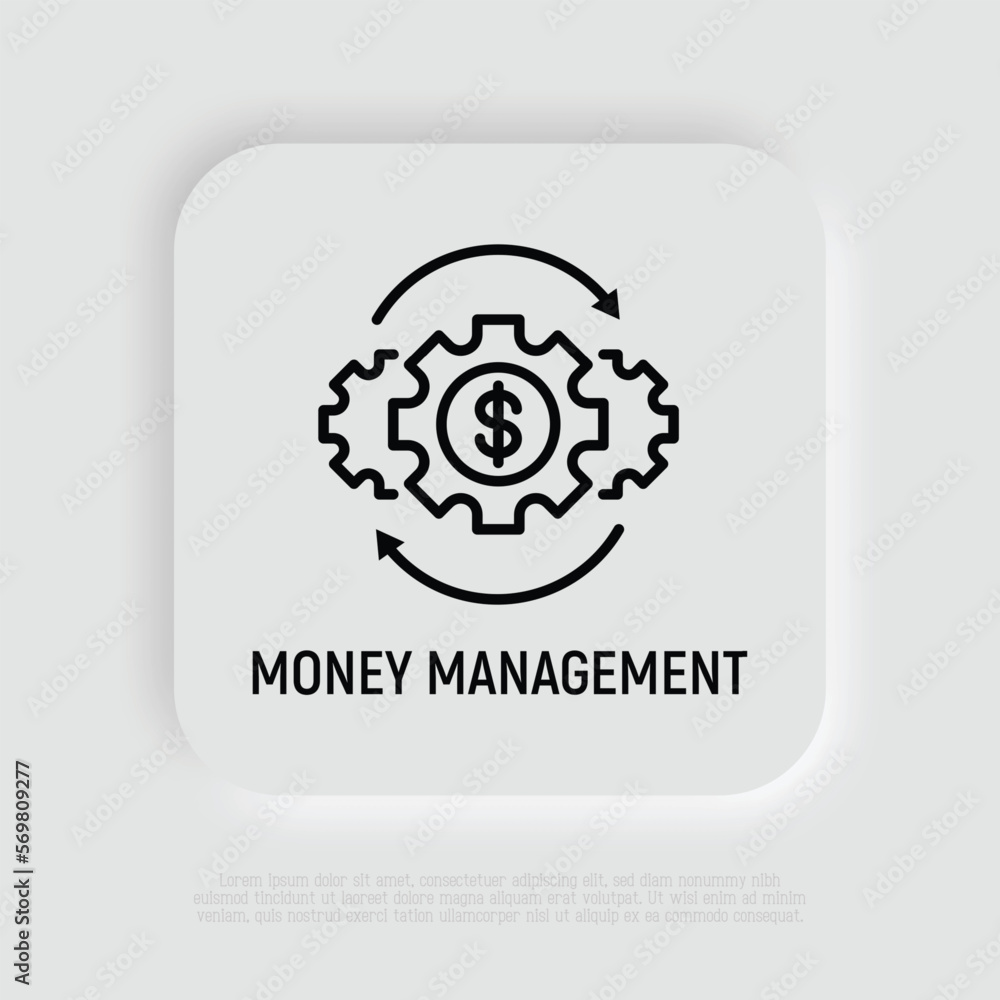 Money management thin line icon. Investment, financial circulation, financial operating, income from funds. Gear with arrows. Vector illustration. Money management thin line icon. Investment, financial circulation, financial operating, income from funds. Gear with arrows. Vector illustration.