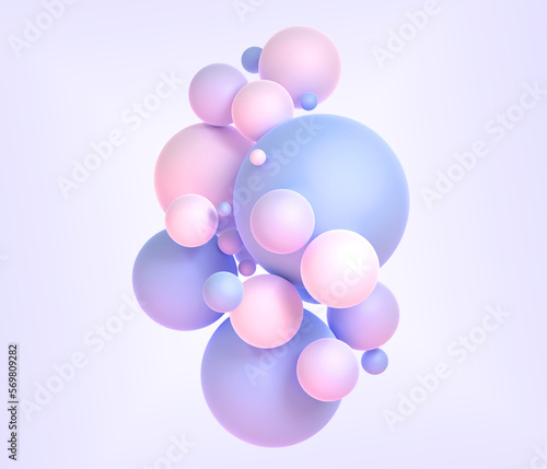 Abstract background with geometric spheres 3d render. Holographic balls with gradient texture, colorful composition of flying pink blue circle balloons on purple backdrop