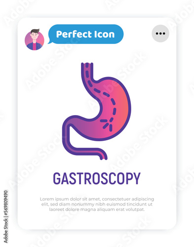 Gastroscopy thin line icon: endoscope in stomach. Medical test. Modern vector illustration.