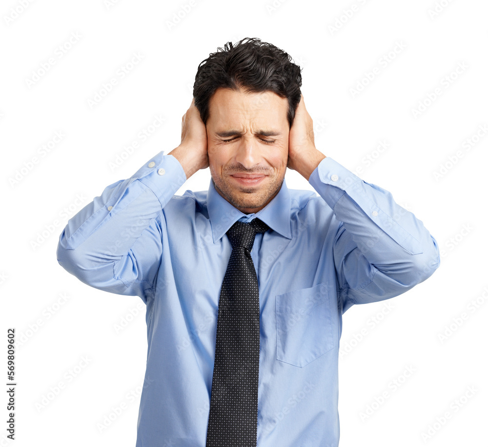 A handsome businessman covering his ears as he experiences extreme work pressure or burden isolated on a png background. A handsome businessman covering his ears as he experiences extreme work pressure or burden isolated on a png background.