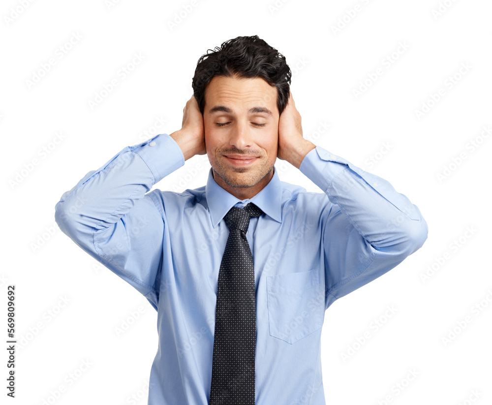 A calm and serene businessman posing by covering his ears and closed eyes pretending as if he is not accepting any nonsense and being calm isolated on a png background. A calm and serene businessman posing by covering his ears and closed eyes pretending as if he is not accepting any nonsense and being calm isolated on a png background.