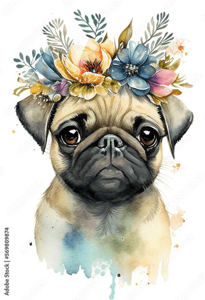 Watercolor cute hand drawn Pug, dog in floral wreath, flowers bouquet, generative ai, png transparent background.