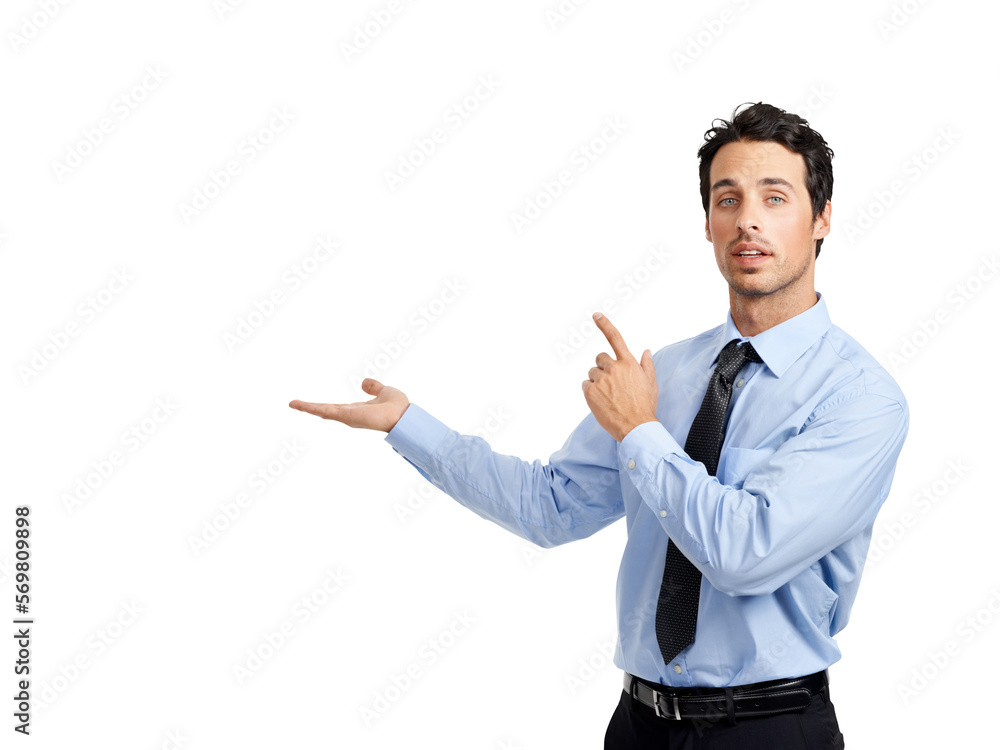 A serious business executive presenting or pointing at a copy space isolated on a png background. A serious business executive presenting or pointing at a copy space isolated on a png background.