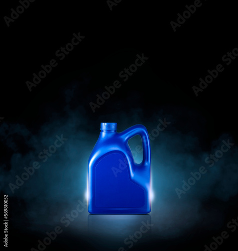 Blue bottle of engine oil on black background with smoke