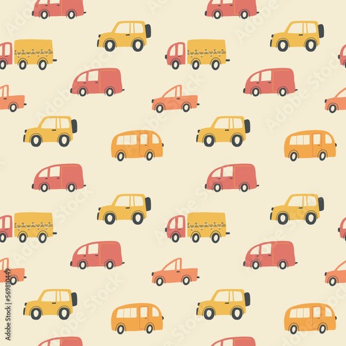 Seamless childish pattern with hand drawn cartoon cars. Creative kids texture for fabric, wrapping, textile, wallpaper, apparel. Vector illustration