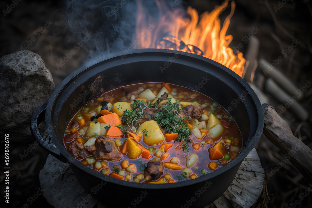 Delicious and hot hunters stew on bonfire food photography made with Generative AI Delicious and hot hunters stew on bonfire food photography made with Generative AI