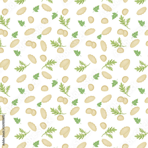 Seamless pattern with dumplings and parsley leaves, arugula on a colorless background. Dumplings dumplings wallpaper.