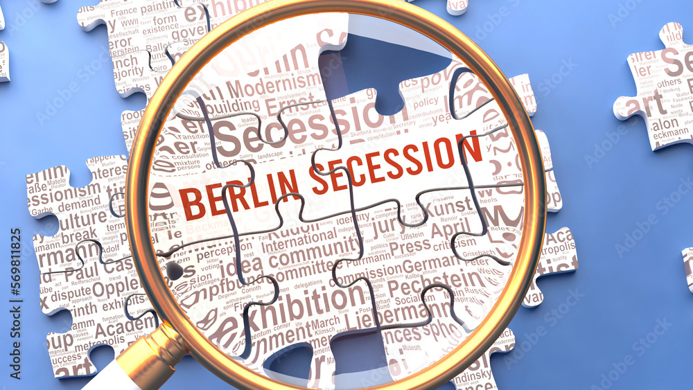 Fototapeta premium Berlin secession being closely examined along with multiple vital concepts and ideas directly related to Berlin secession. Many parts of a puzzle forming one, connected whole.,3d illustration