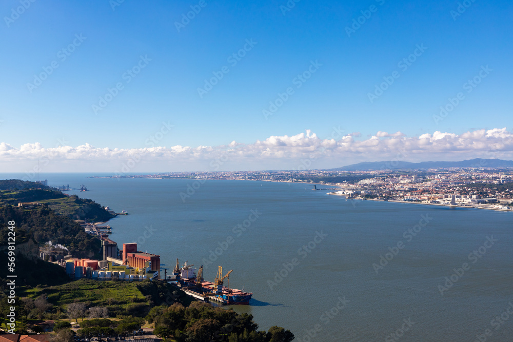Landscape of the Tagus River at its discharge into the Atlantic Ocean - Portugal