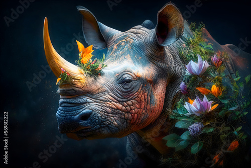 Canvas Print Beautiful rhino in a colorful floral portrait, surrounded by nature - Generative