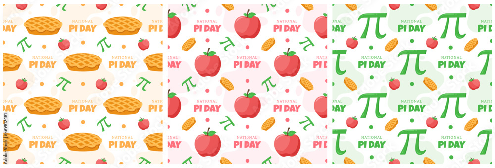 Set of Pi Day Seamless Pattern Design with Mathematical Constants or Baked Pie in Template Hand Drawn Cartoon Flat Illustration Set of Pi Day Seamless Pattern Design with Mathematical Constants or Baked Pie in Template Hand Drawn Cartoon Flat Illustration