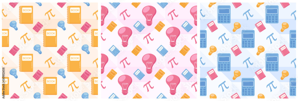 Set of Pi Day Seamless Pattern Design with Mathematical Constants or Baked Pie in Template Hand Drawn Cartoon Flat Illustration Set of Pi Day Seamless Pattern Design with Mathematical Constants or Baked Pie in Template Hand Drawn Cartoon Flat Illustration