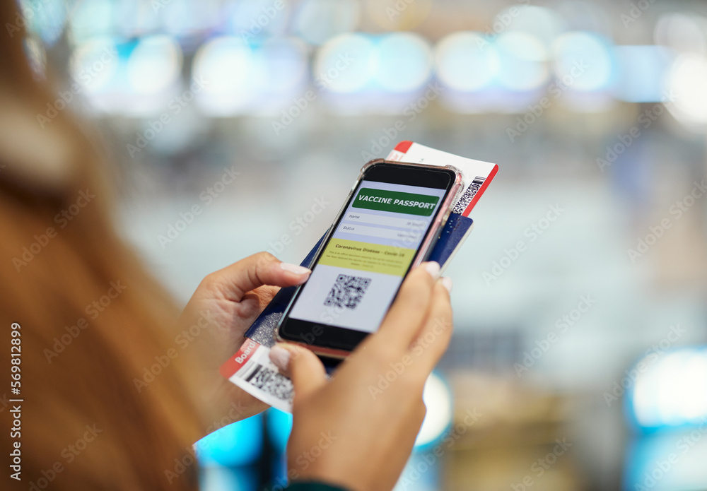Hands, phone travel and vaccine passport app for vacation, holiday or global traveling. Covid, mobile and woman with smartphone with digital software for barcode boarding pass or ticket at airport.