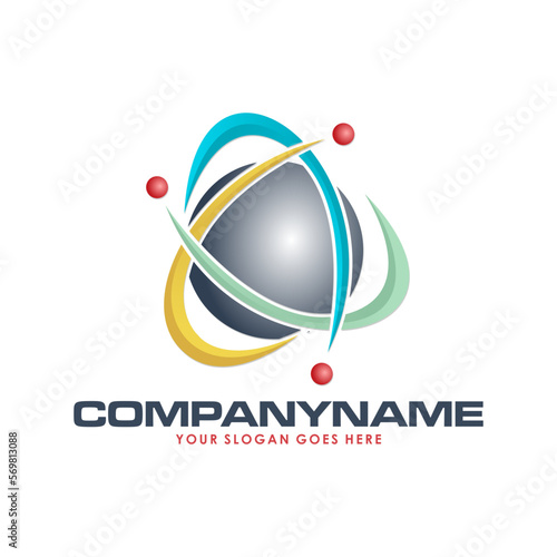 Abstract atom with core and orbits with electrons. Vector illustration. 3D chemical technology concept. Molecule model