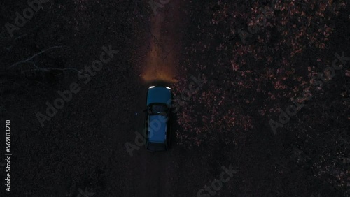 Aerial view of a car on dirt road in the forest