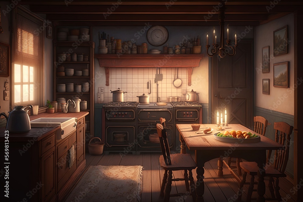 Old fashioned kitchen interior decor in a historic country house, wooden beams, generative ai