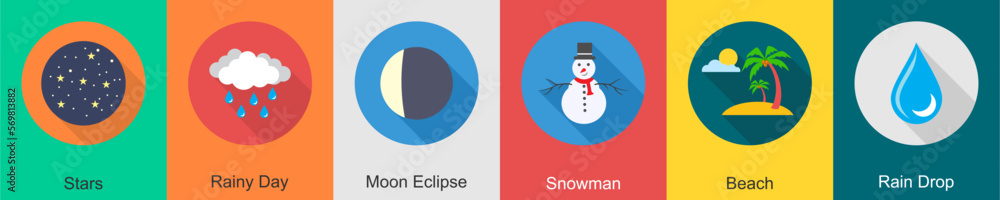 A set of 6 Weather icons as stars, rainy day, moon eclipse A set of 6 Weather icons as stars, rainy day, moon eclipse