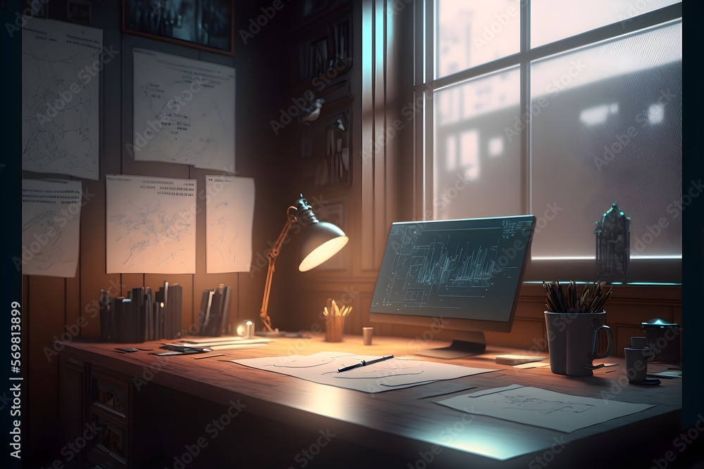 futuristic detective office. brown walls with big window behind desk