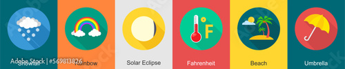 A set of 6 Weather icons as snowfall, rainbow, solar eclipse