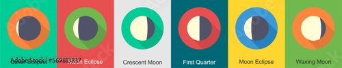 A set of 6 Weather icons as lunar eclipse, moon eclipse, crescent moon