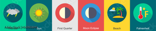 A set of 6 Weather icons as thunder, sun, first quarter