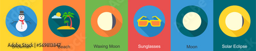 A set of 6 Weather icons as snowman, beach, waxing moon