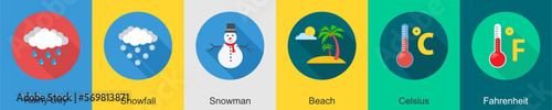 A set of 6 Weather icons as rainy day  snowfall  snowman
