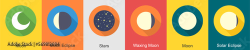 A set of 6 Weather icons as moon, moon eclipse, stars