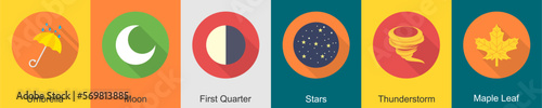 A set of 6 Weather icons as umbrella, moon, first quarter
