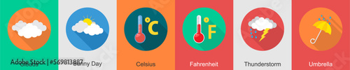 A set of 6 Weather icons as clouds, sunny day, celsius