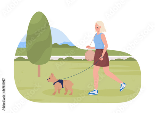 Going for walk with pet 2D vector isolated illustration. Pretty young woman strolling with small dog flat character on cartoon background. Colorful editable scene for mobile, website, presentation