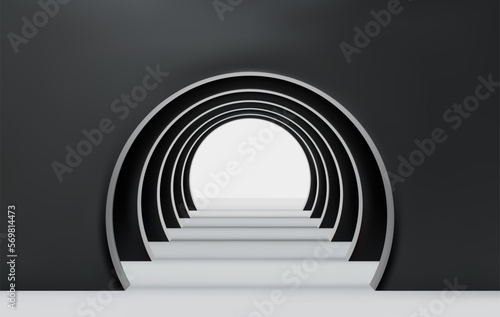 Emptyblack corridor of several round arches in perspective with walls, white floor and shadows. Minimal background. Abstract architecture. Vector illustration of archway. Inside interior