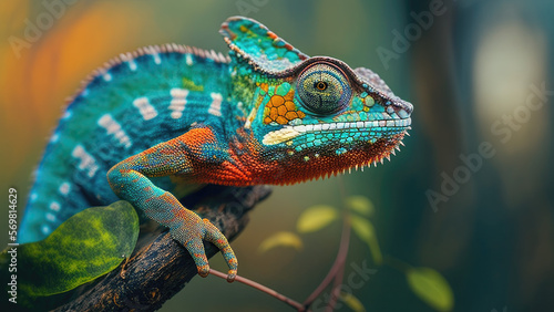 Colourful green chameleon close-up on a blurred green background, high resolution, nature, ecology, 3d rendering, environment, highly detailed, rich colors, camouflage, disguise, amazing nature. AI