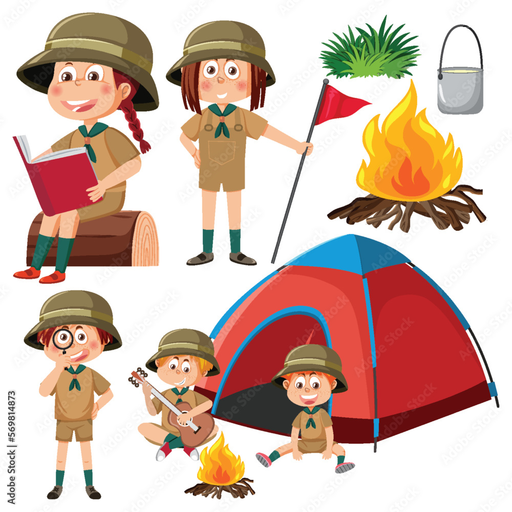 Fototapeta premium Set of camping kids cartoon character