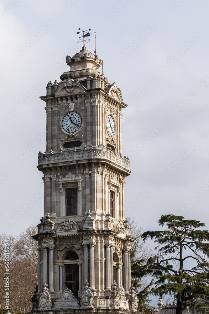 Clock tower. Architectural details of the building in Istanbul.