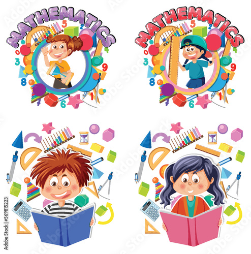 Mathematics kids cartoon set