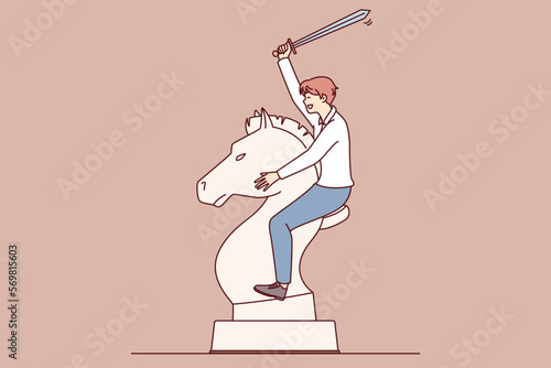 Man with sword astride huge horse chess piece symbolizes determination and readiness for bold action. Business concept of competition between corporation managers