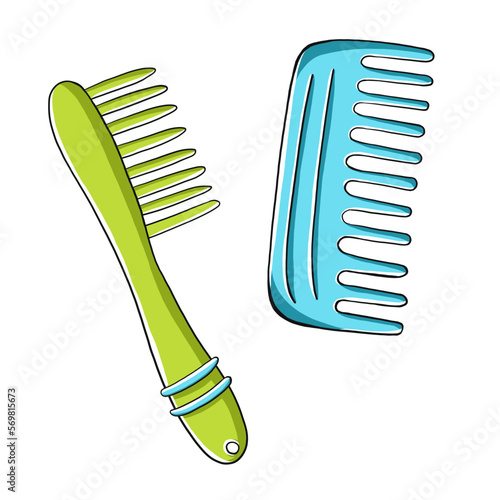 Hand drawn colorful cartoon vector illustration with hairbrush, comb clipart