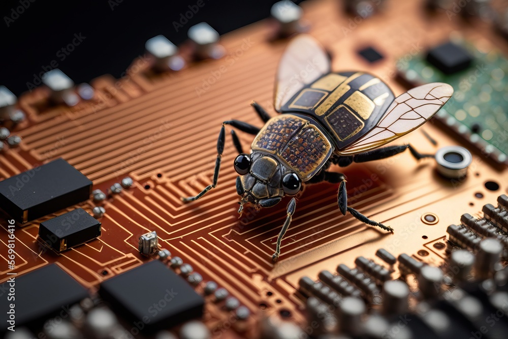 Hardware bug concept: cybernetic fly is sitting on the computer hardware motherboard with chips and soldered elements. AI Hardware bug concept: cybernetic fly is sitting on the computer hardware motherboard with chips and soldered elements. AI